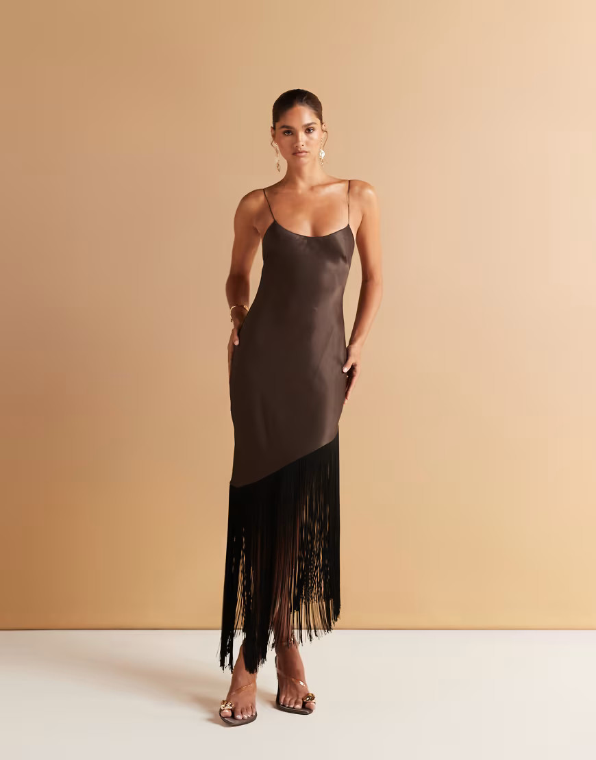 Mango scoop neck satin dress with fringed hem in brown | ASOS (Global)