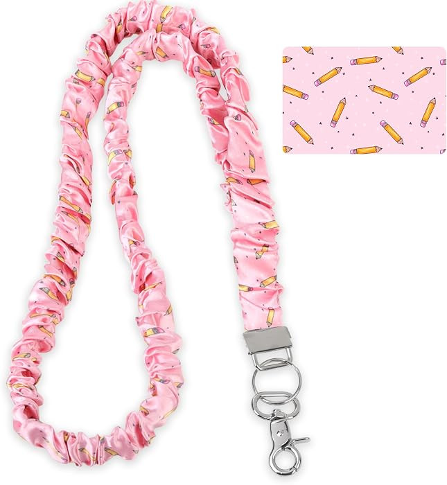 Pencil Pattern Scrunchie Lanyard for Teacher, Stretchy Retractable Neck Lanyard with Metal Clip for Keys & ID Cards (Pink) | Amazon (US)
