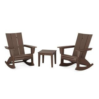 Modern Curveback Adirondack Rocking Chair Mahogany 3-Piece HDPE Plastic Patio Conversation Set | The Home Depot