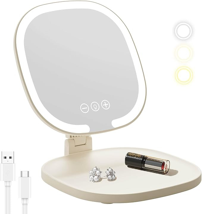 Rechargeable LED Travel Makeup Mirror, 3-Color Lighting, Dimmable Touch Screen, Multi Angle Adjus... | Amazon (US)