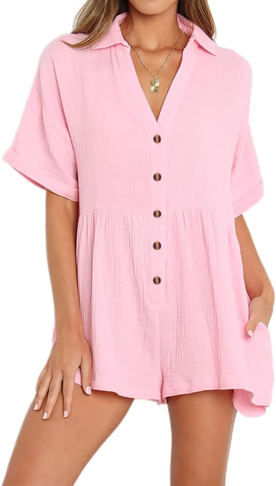 R.Vivimos Summer Jumpsuits for women Casual Cotton V Neck Short Sleeve Button-Down Loose Fit Romp... | Amazon (US)