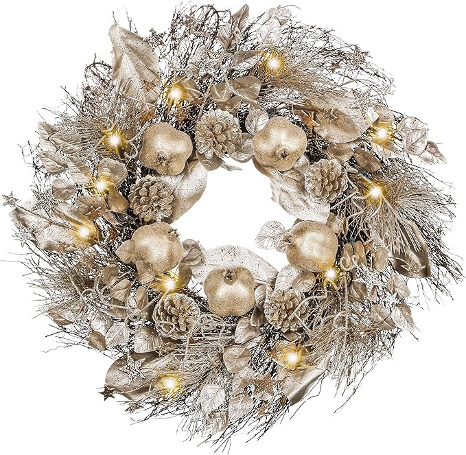 Valery Madelyn Pre-Lit 24 inch Sparkling Gold Lighted Christmas Wreath for Front Door with Pomegr... | Amazon (US)