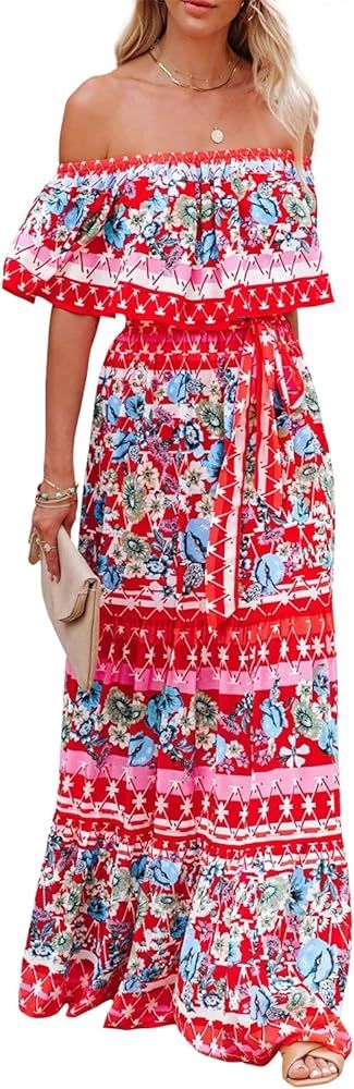 ACOSAP Women's Mexican Dress Summer Floral Print Off The Shoulder Sleeveless Beach Long Maxi Dres... | Amazon (US)