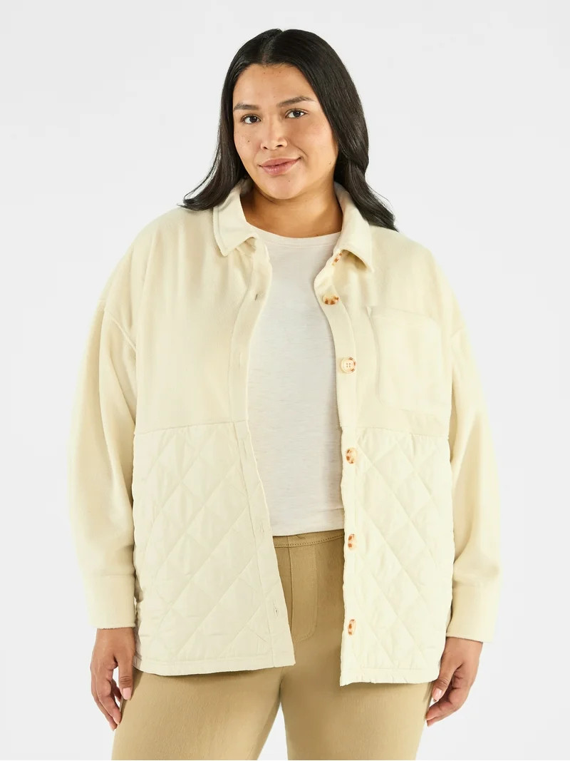 Terra & Sky Women's Plus Size Quilt Mix Button Front Shacket with Long Sleeves, Sizes 1X-5X | Walmart (US)