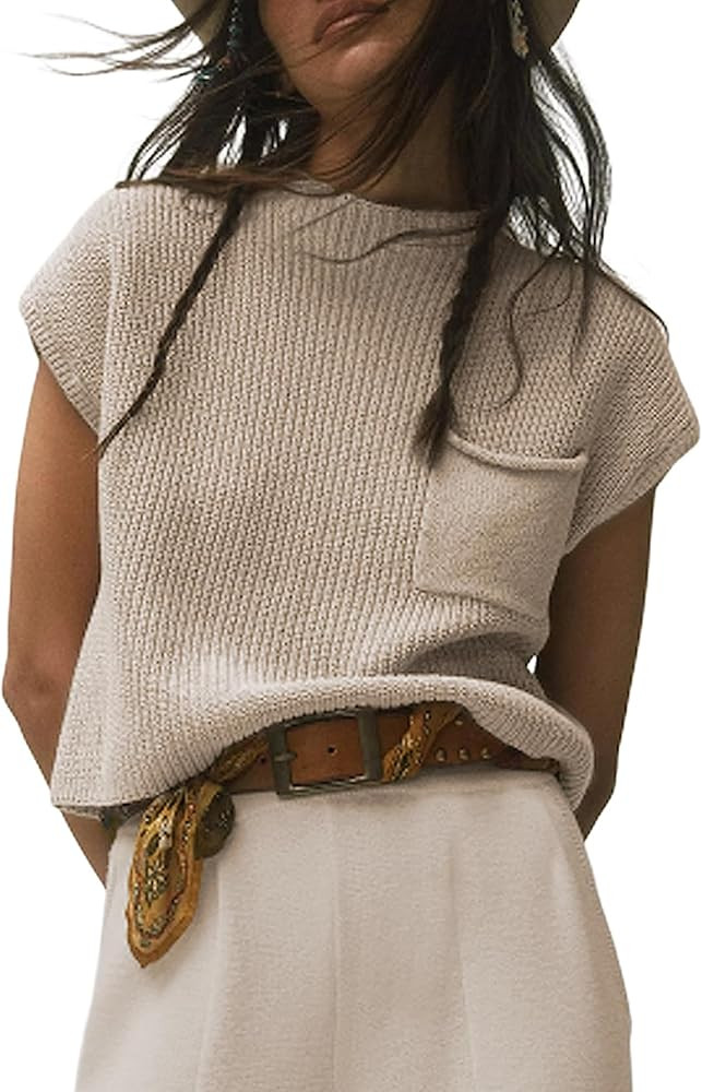 UANEO Sweater Vest Women Mock Neck Casual Cropped Knit Pullover Cap Sleeve Sweater for Women Top ... | Amazon (US)