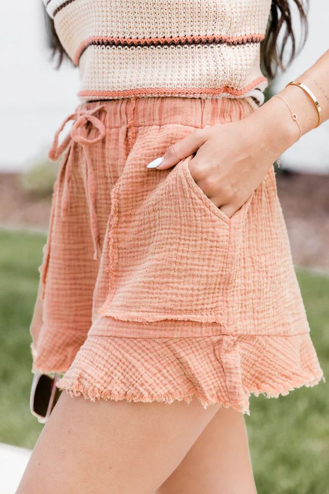 Ready To Go Rust Acid Wash Gauze Ruffle Hem Pull On Shorts | Pink Lily