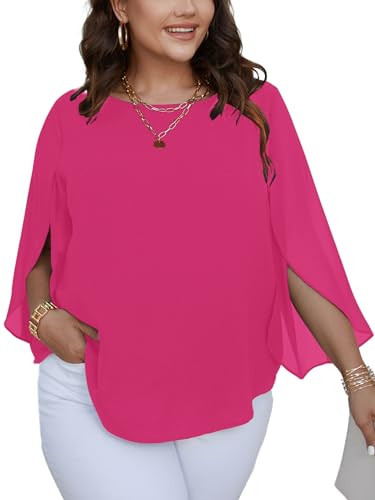 SCOMCHIC Plus Size Blouses for Women Summer Chiffon 3/4 Sleeve Tunic Tops Dressy Scoop Neck Casual Loose Flowy Shirts Hotpink | Amazon (US)