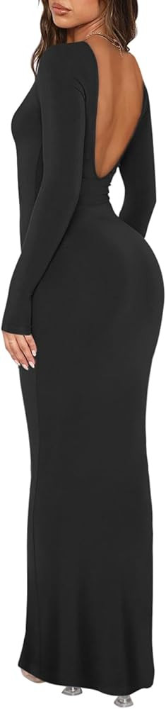 REORIA Womens Sexy V Backless Soft Lounge Long Dress Fall Casual Boat Neck Long Sleeve Ribbed Bod... | Amazon (US)