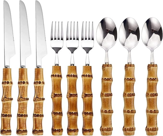 9 Pieces Stainless Steel Flatware Sets with Bamboo Handle for Home Party Wedding Daily Use Includ... | Amazon (US)