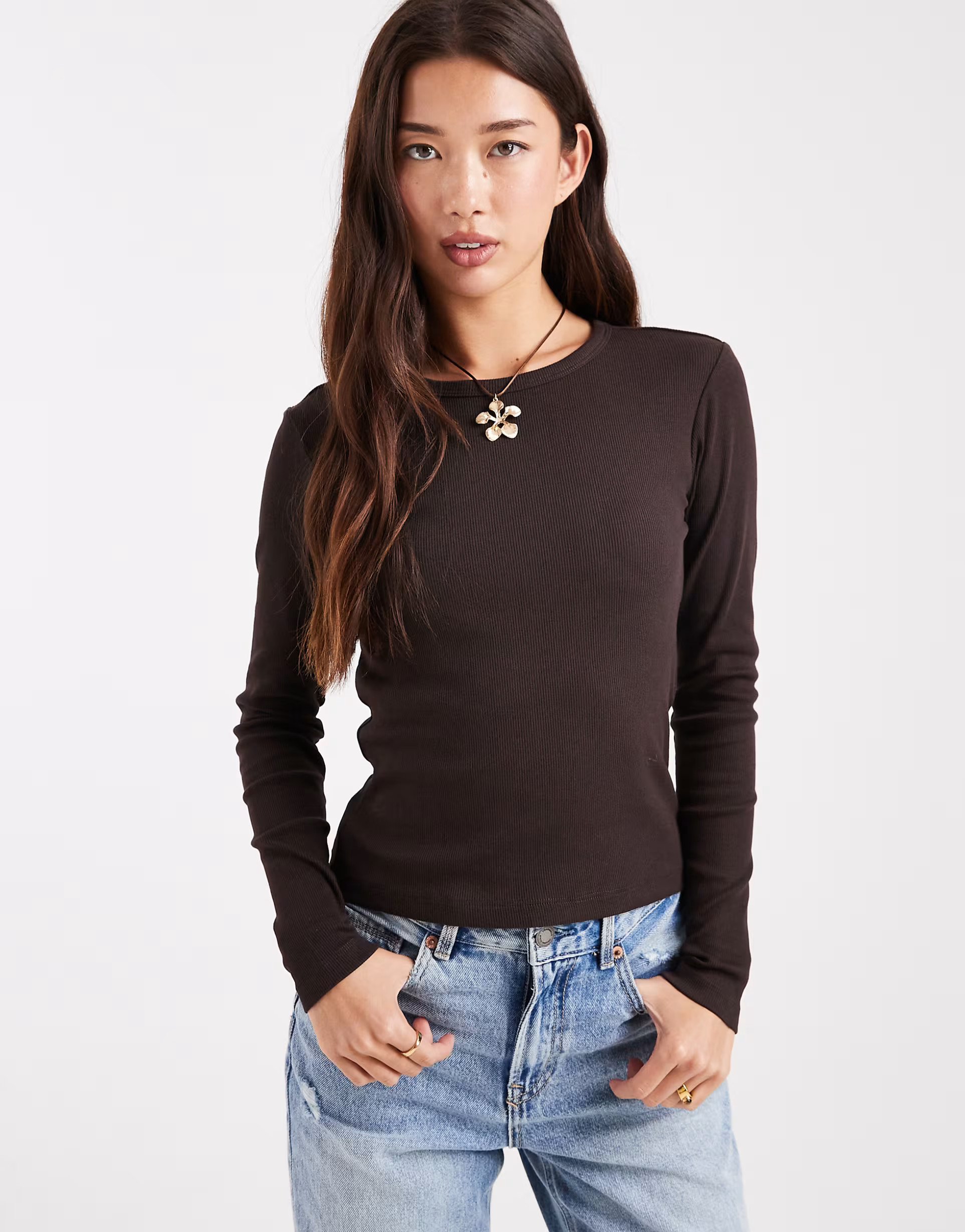 Vero Moda long sleeve baby rib top in brown | ASOS (Global)