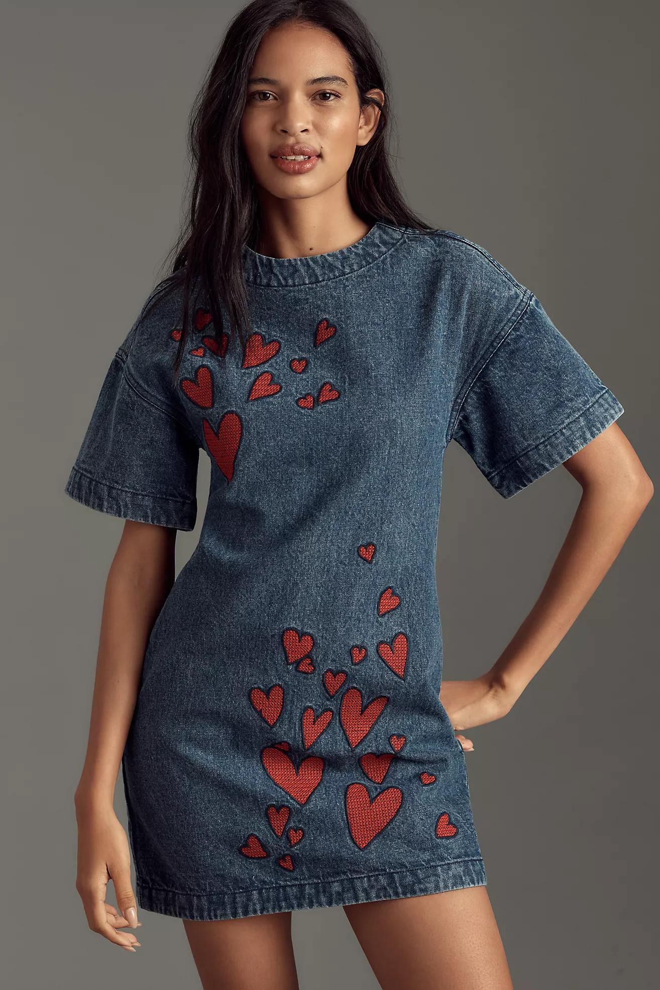 Dhruv Kapoor Short-Sleeve Embroidered Heart Denim Mini Dress | Anthropologie (US)