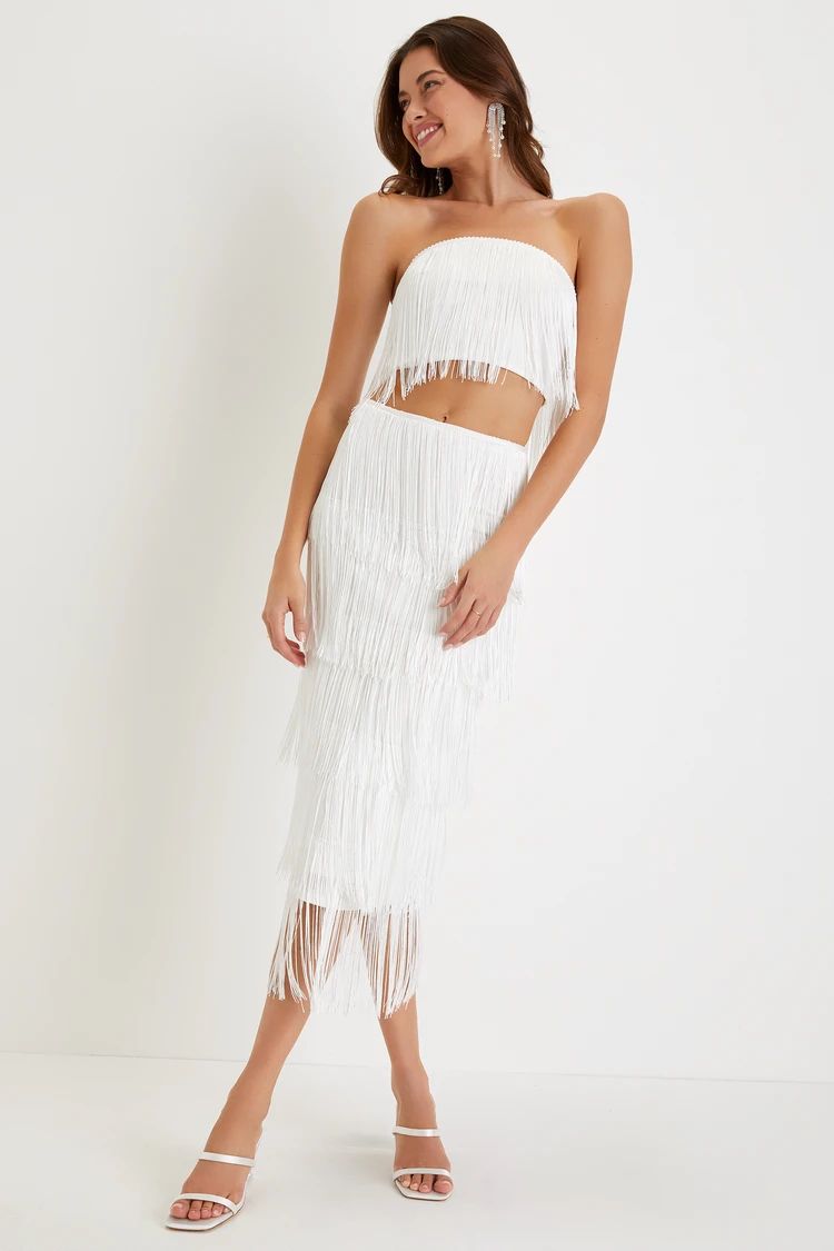Remarkable Aura White Fringe Strapless Two-Piece Midi Dress | Lulus