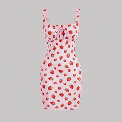 Women's Strawberry Pattern Printed Strappy Summer Dress | SHEIN