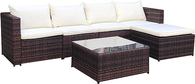 EVRE Rattan Outdoor Garden Furniture Set Miami Sofa Coffee Table, Foot Stool Rattan (Brown) | Amazon (UK)