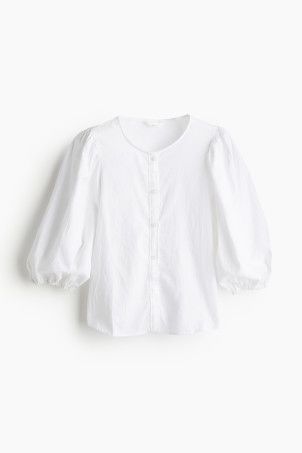Linen-blend blouse - White/Blue patterned - Ladies | H&M GB | H&M (UK, MY, IN, SG, PH, TW, HK)
