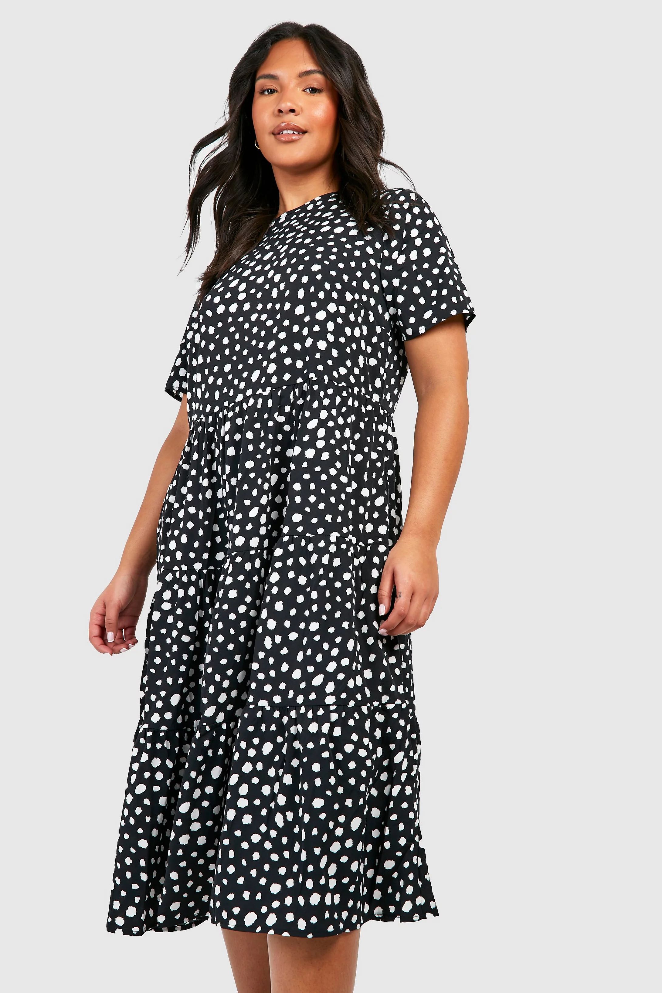 Plus Smudge Print Tiered Midi Dress | Boohoo.com (US & CA)