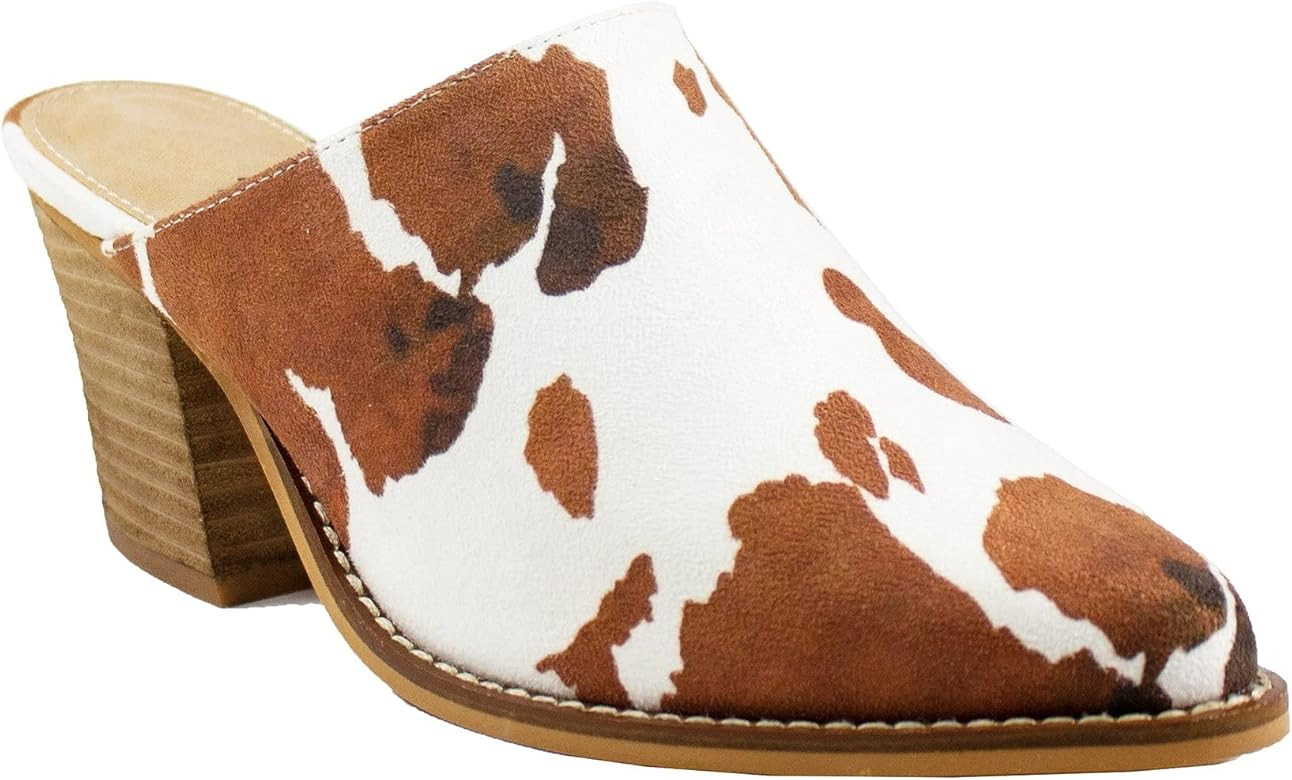 Kathaya Stacked Heel Women’s Slide Mule Slip On Cow Print Pointed Toe Womens Fashion Mules | Amazon (US)