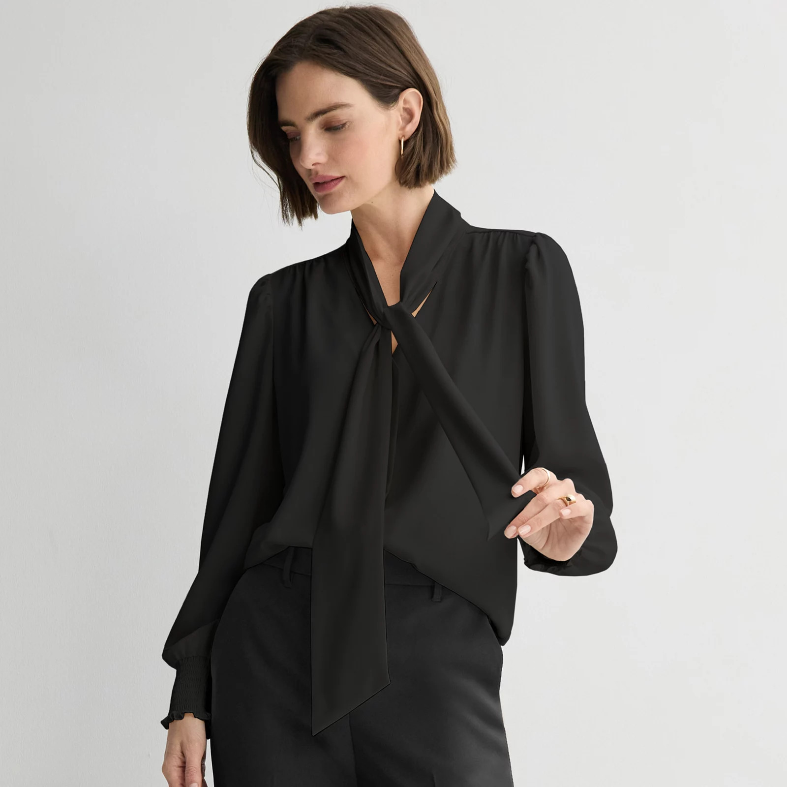 Women's Nine West Tie Neck Button-Down Blouse, Size: Small, Mineral Black | Kohl's