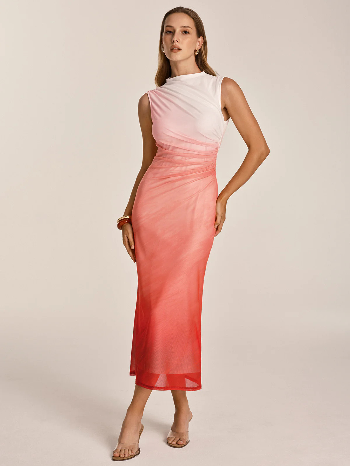 Gradient Ruched Mesh Bodycon Midi Dress | Commense