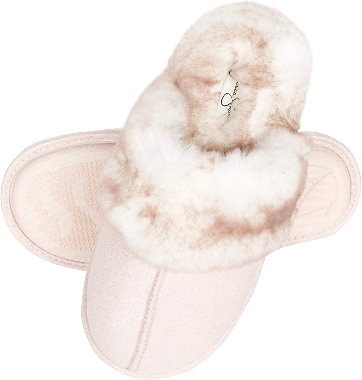 Jessica Simpson Women's Comfy Faux Fur House Slipper Scuff Memory Foam Slip on Anti-skid Sole | Amazon (US)