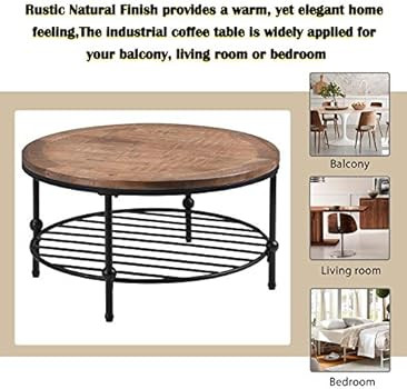 P PURLOVE Round Coffee Table Rustic Style Living Room Table Home Table with Storage Shelf Metal Fram | Amazon (US)