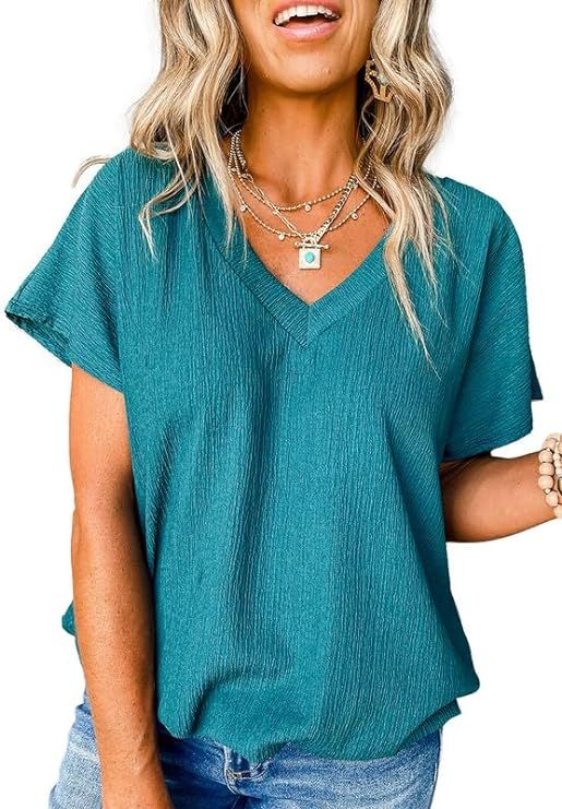 SHEWIN Women's Shirts Casual V Neck Short Sleeve Tops Loose Basic Plain Textured Tee T-Shirt | Amazon (US)