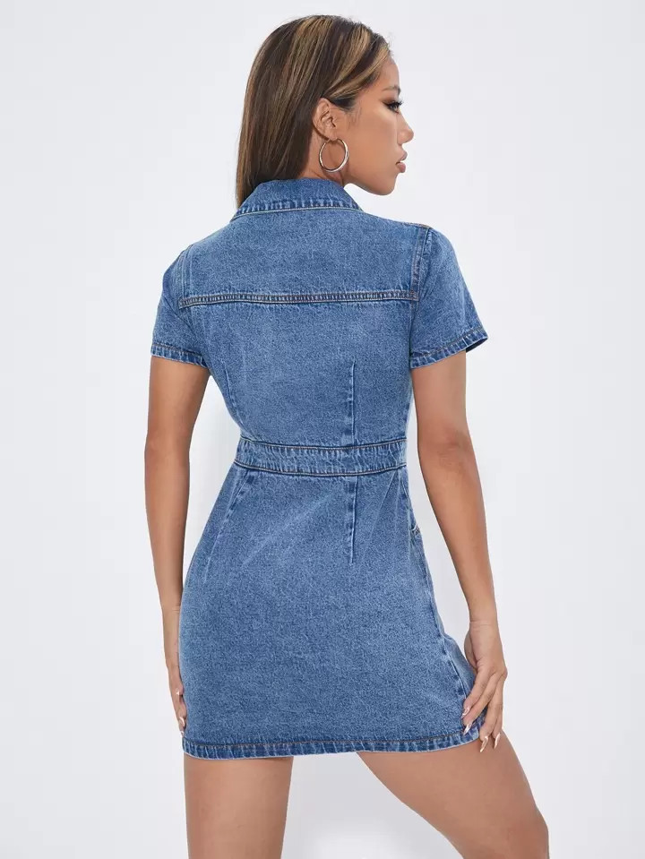 SHEIN PETITE Vestido mezclilla con bolsillo con solapa con botón | SHEIN