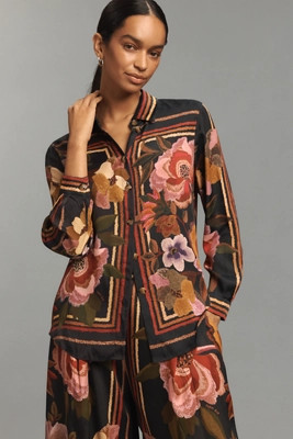 Farm Rio Chenille Flowers Long-Sleeve Buttondown Blouse | Anthropologie (US)