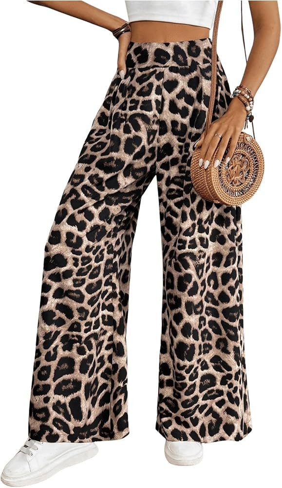 SweatyRocks Women's Leopard Print High Waisted Wide Leg Pants Casual Long Trousers | Amazon (US)