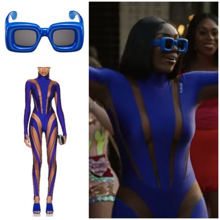 Wendy Osefo’s Blue Mesh Panel Catsuit and Blue Sunglasses