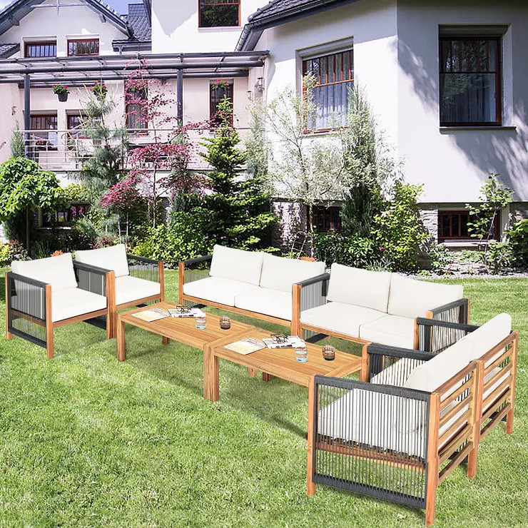 Costway 8PCS Wooden Patio Furniture Set CUS01hioned Sofa W/Rope Armrest White\Turquoise\Red | Target