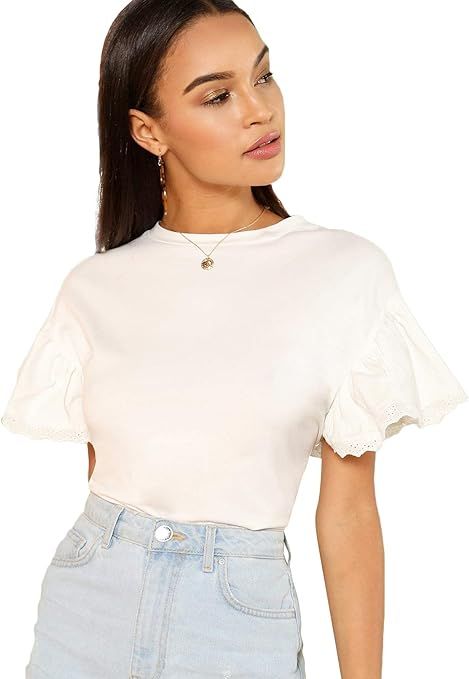 Floerns Women's Ruffle Sleeve Round Neck T-Shirt Blouse Tops | Amazon (US)