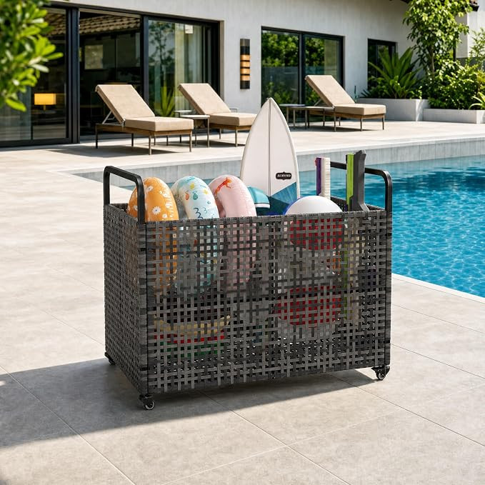 Garvee Pool Float Storage Organizer with Wheels, Outdoor Wicker Rattan Rolling Cart for Pool Toys... | Amazon (US)