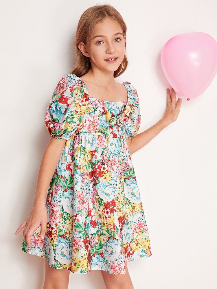Girls Puff Sleeve Shirred Back Tie Front Floral Dress | SHEIN