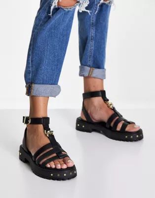 ASOS DESIGN Fresham premium leather chunky flat sandals in black | ASOS (Global)