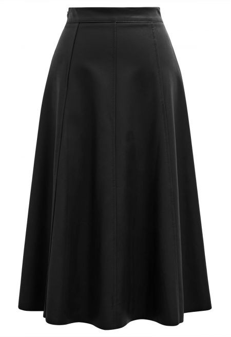 Soft Faux Leather Seamed A-Line Skirt in Black | Chicwish
