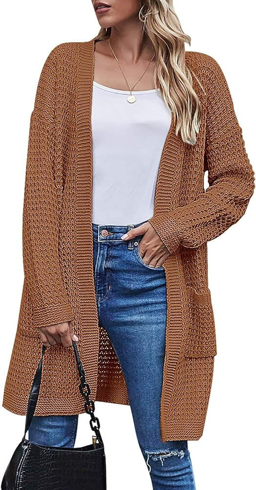 TARSE Womens Long Cardigans Waffle Oversized Open Front Knit Sweater with Pockets | Amazon (US)