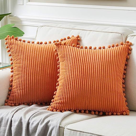 Fancy Homi Pack of 2 Corduroy Fall Decorative Throw Pillow Covers with Pom-poms, Solid Square Cus... | Amazon (US)