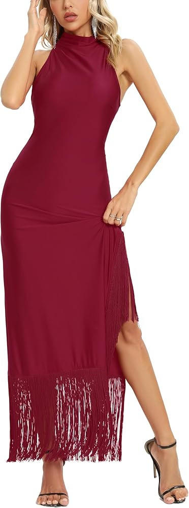 Aigeman Women Vintage Flapper Dresses 1920s Great Gatsby Halter Fringed Maxi Dress Tassels High S... | Amazon (US)