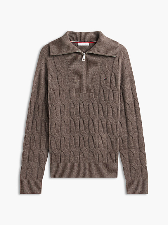 Pure Wool Cable Knit Quarter-Zip Jumper | Brown | Tommy Hilfiger | Tommy Hilfiger UK