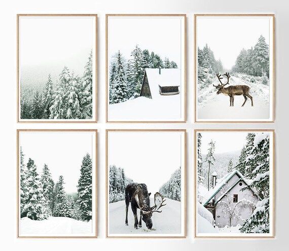 Holiday Decor Winter Set of 6 Snowy Snow Covered Forest Christmas Moose Poster Set Winter Animal ... | Etsy (US)