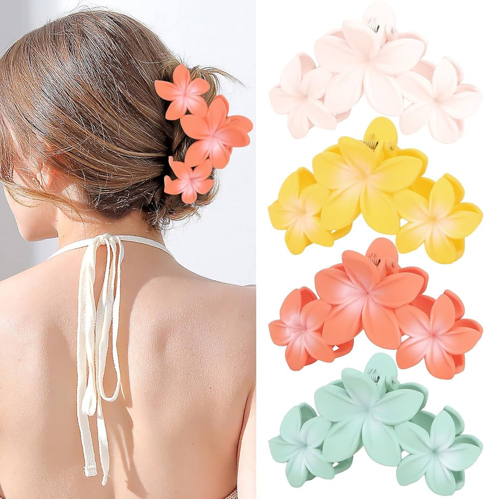 ANBALA 4PCS Flower Hair Accessories: Colorful Hawaiian Plumeria Claw Clips for Thick Hair - Large... | Amazon (US)