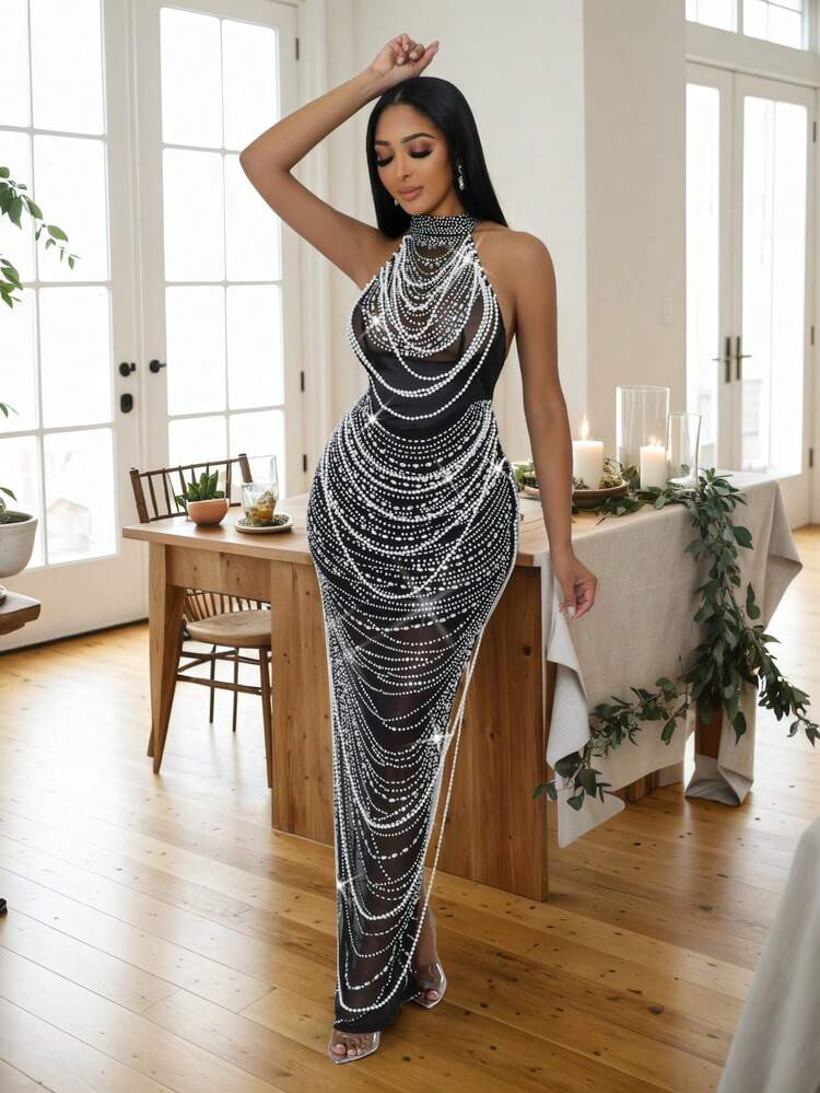 Women's High Stretch Semi-Sheer Knitted Halter Prom Dress With Draped Details Backless And Split Thigh Long For Party, Halter-Neck Rhinestone Chains Sheer Mesh, Bodycon Floor-Length Dress, Sexy Open-Back Evening Gown ,Cosplay Dress Women , Long Party Dress ,New Year Outfit ,Autumn, Winter, Elegant | SHEIN