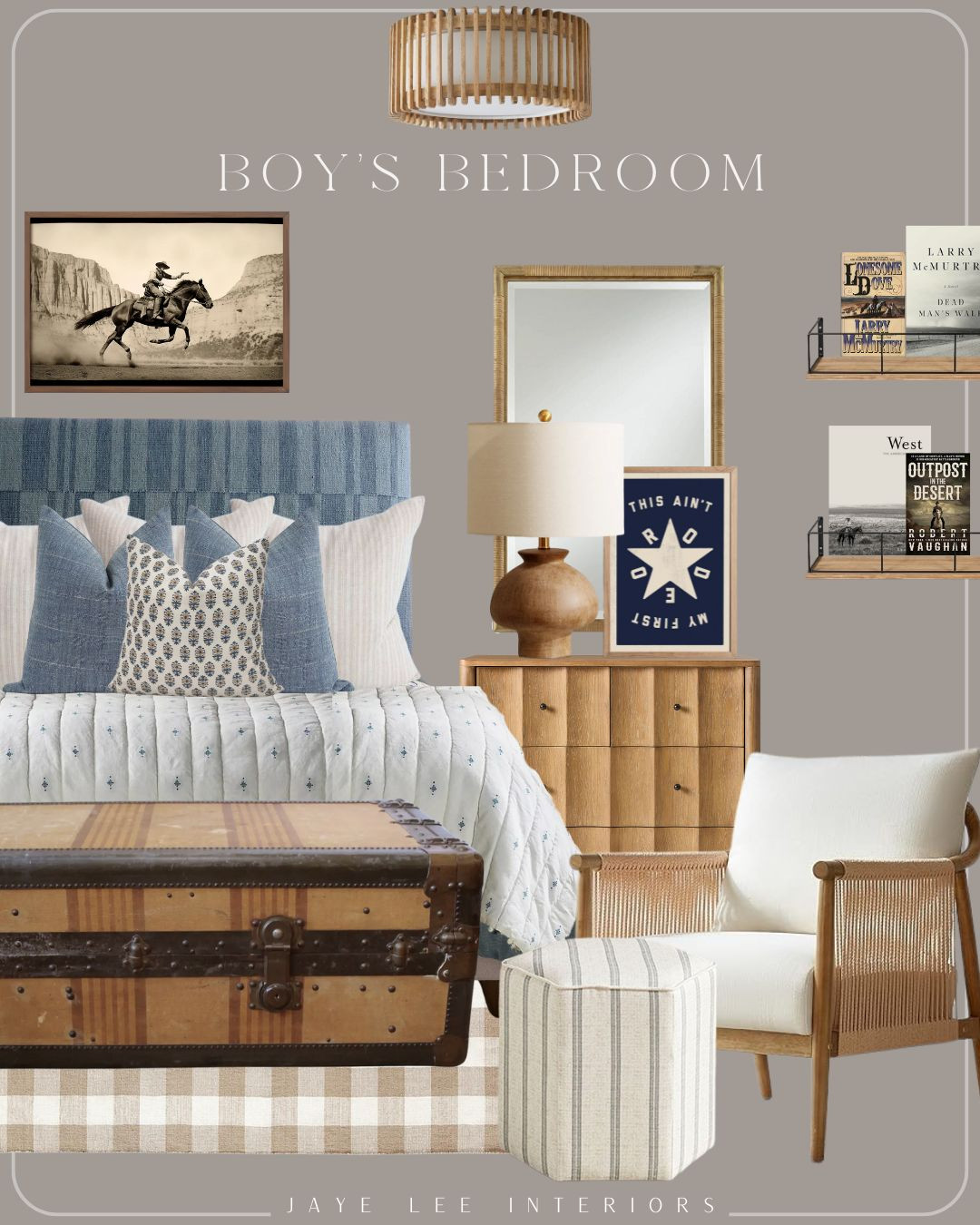 Working on some design inspiration for "big boy rooms" for my little guys, as we transition out of the nursery phase. Love this flatweave upholstered headboard from Greenrow, and the Vintage storage trunk for balance at the base of the bed. The scalloped 3-drawer dresser is a favorite from West Elm Kids, and I always love layering a mirror above the bedside table. The cowboy themed artwork compliments the mix of wood tones, denim, and leather giving a nod Western Chic. 

Boys bedroom, big boy bedroom, sophisticated kids room, vintage trunk, bedroom furniture, bedroom design ideas, young boy's room, little boy's room, accent chair, wall shelves, wall-mount bookshelf, bedroom lighting, semi flush mount light, wood lamp, Head West Studio, etsy throw pillows for bed, neutral gingham rug, footstool, ottoman, 1st dibs vintage finds, western bedroom 

 

#LTKHome #LTKKids #LTKStyleTip