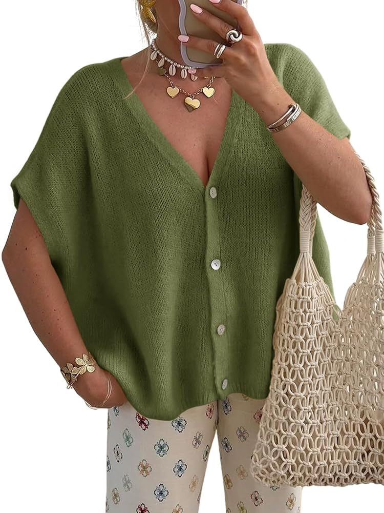 Saodimallsu Womens Fall Oversized Cardigans Batwing Short Sleeve Lightweight Button V Neck Casual... | Amazon (US)