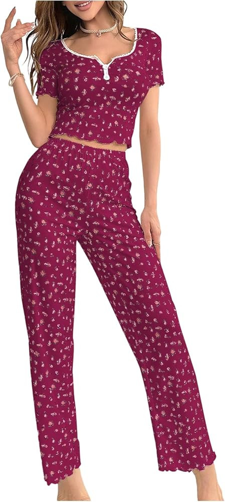 OYOANGLE Womens 2 Piece Cute Pajama Set Short Sleeve Floral Print Lace Patchwork Sleepwear | Amazon (US)