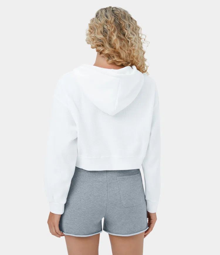 Waffle Hooded Drawstring Zipper Cropped Casual Cotton Sports Sweatshirt | HALARA
