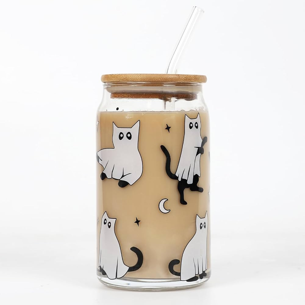 Joyseller Halloween Iced Coffee Can Glass, 16oz Halloween Cute Ghost Cat Glass Cup with Lid and S... | Amazon (US)