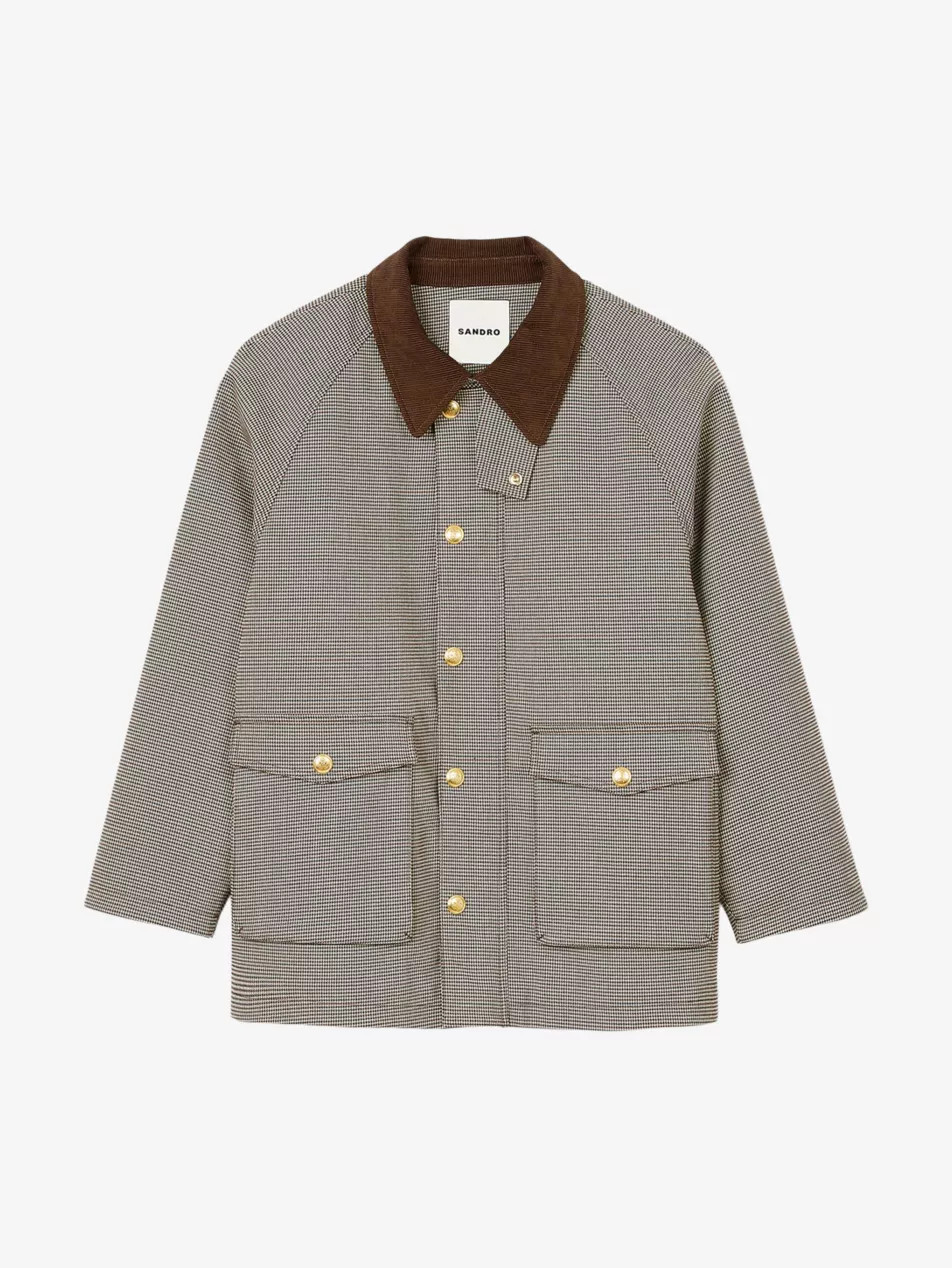 Check-pattern velvet-collar woven coat | Selfridges