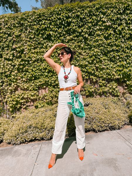 Simple white outfit with just the right touches. These painter jeans are so good - I sized up for a looser fit! 